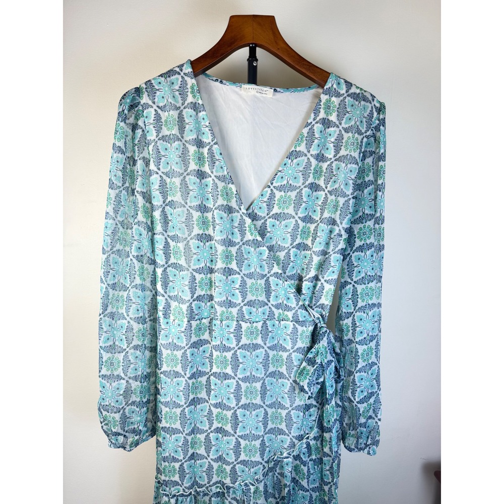 Lovestitch Teal Blue Geometric Floral Print Wrap Maxi Dress Long Sleeve L Sheer - Picture 6 of 16